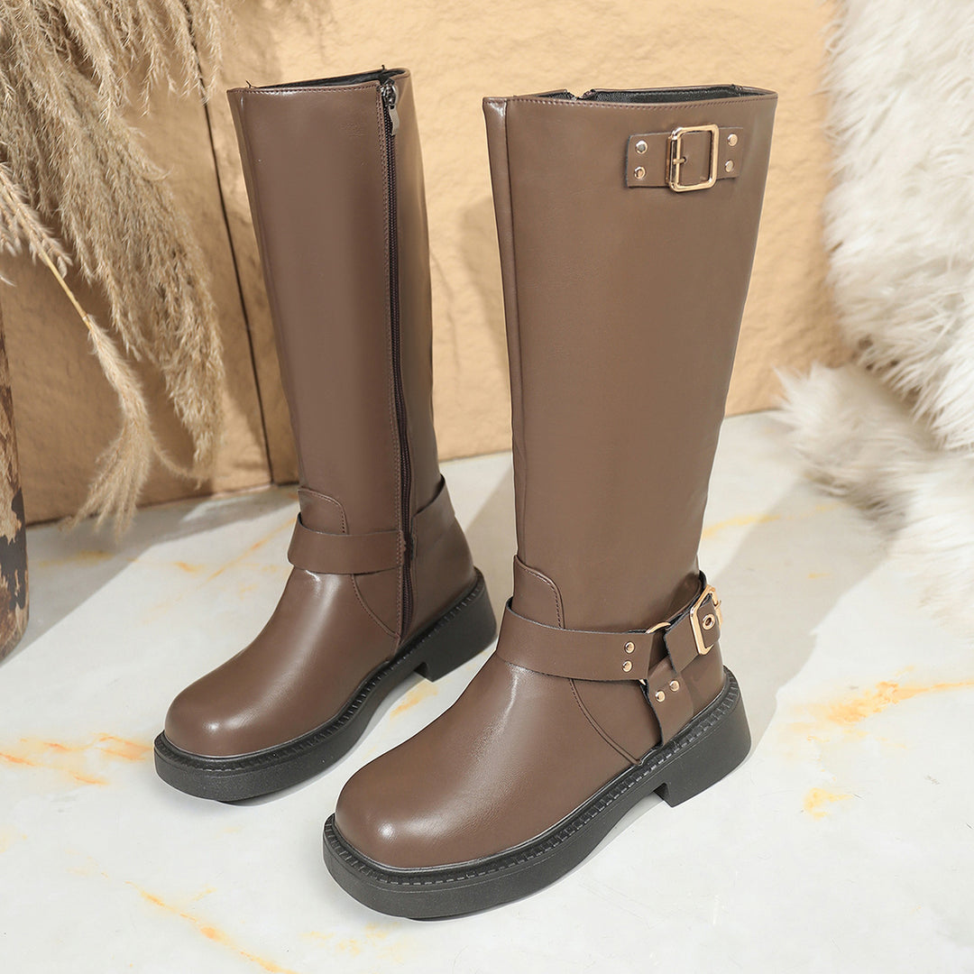 Damen Kniehohe Bikerstiefel mit seitlichem Reißverschluss und Dekorschnallen Shop Nory
