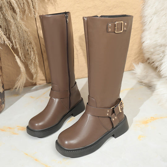 Damen Kniehohe Bikerstiefel mit seitlichem Reißverschluss und Dekorschnallen Shop Nory