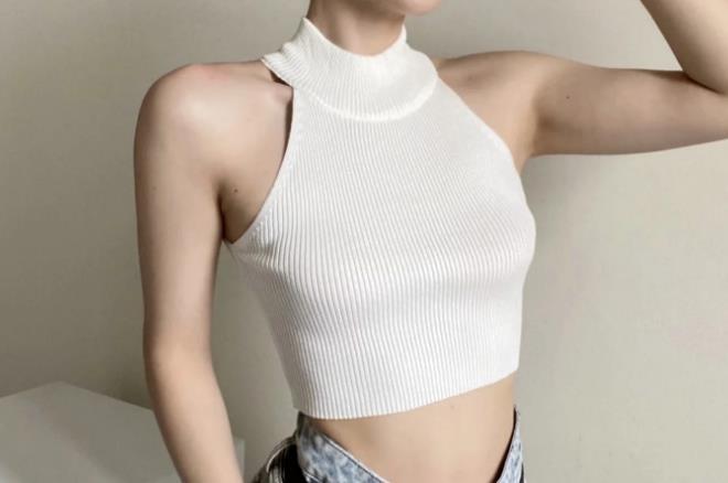 Damen Halsfernes geripptes Crop-Top mit hohem Kragen Shopnory