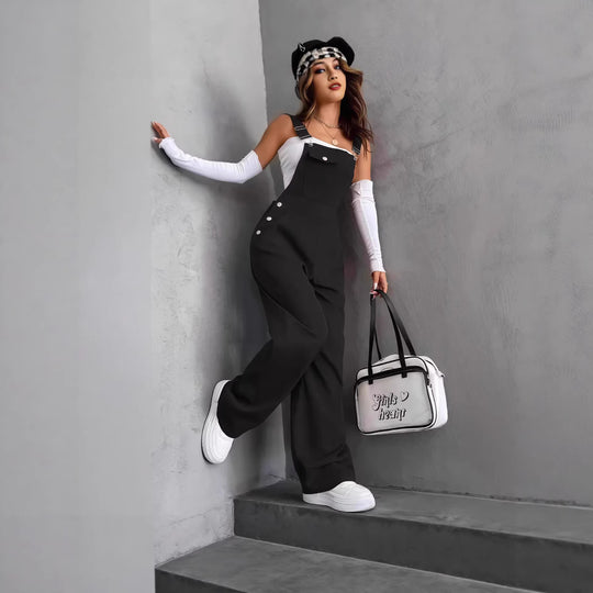 Damen nan weite Latzhose mit seitlichen Zierknöpfen, Brusttasche und weitem Bein Shop Nory