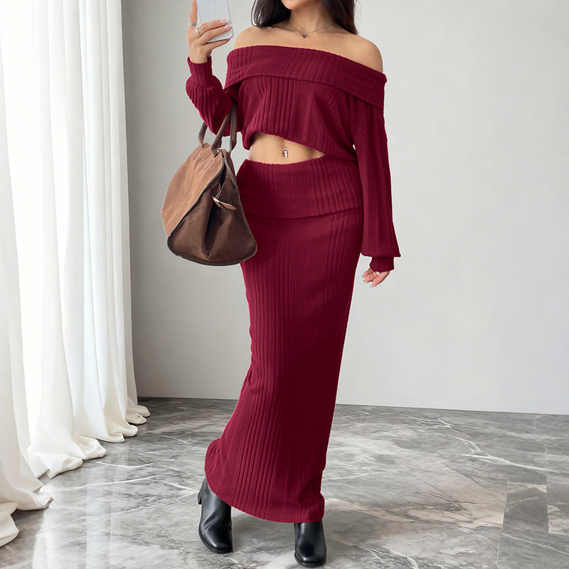 Damen Schulterfreies Rippstrick-Set mit Carmen-Ausschnitt und figurbetontem Maxi-Rock Shop Nory