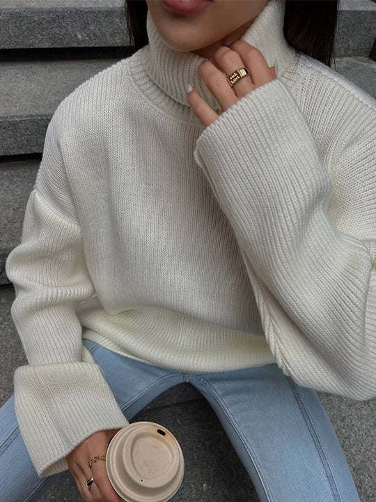 Damen Oversized Rippenstrick Rollkragenpullover mit verlängerter Manschette Shop Nory
