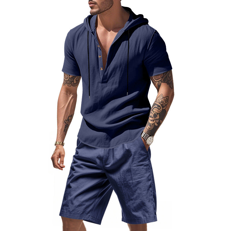 Herren lässiges Kurzarmhemd mit Kapuze und Shorts