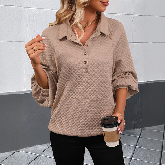 Damen Stepp-Polo-Sweatshirt mit Knopfleiste, Kängurutasche und Balloon-Ärmeln Shop Nory