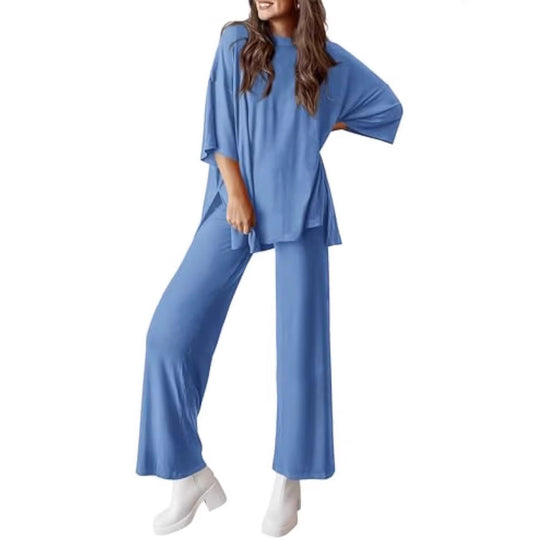 Damen Lässiges Lounge-Set aus weichem Jersey mit Oversize-Tunika und weiter Palazzo-Hose Shop Nory
