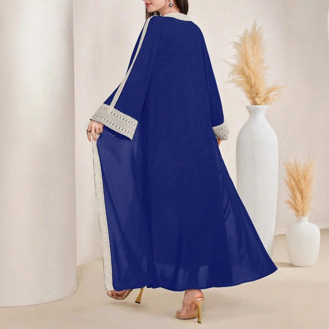 Damen Langes Open‑Front Kaftan‑Mantel mit Häkelspitzenbesatz Shop Nory