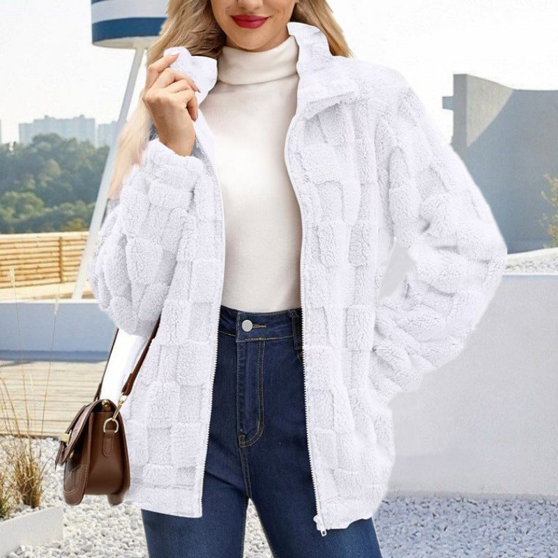 Damen Teddyjacke mit Karo-Struktur, Stehkragen und Reißverschluss Shop Nory