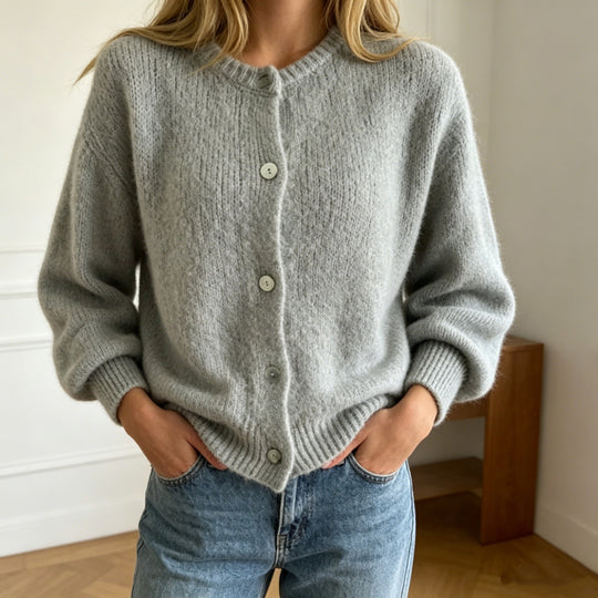 Damen Kuschelige Mohair-Optik Strickjacke mit Rundhals und Ballonärmeln Shop Nory