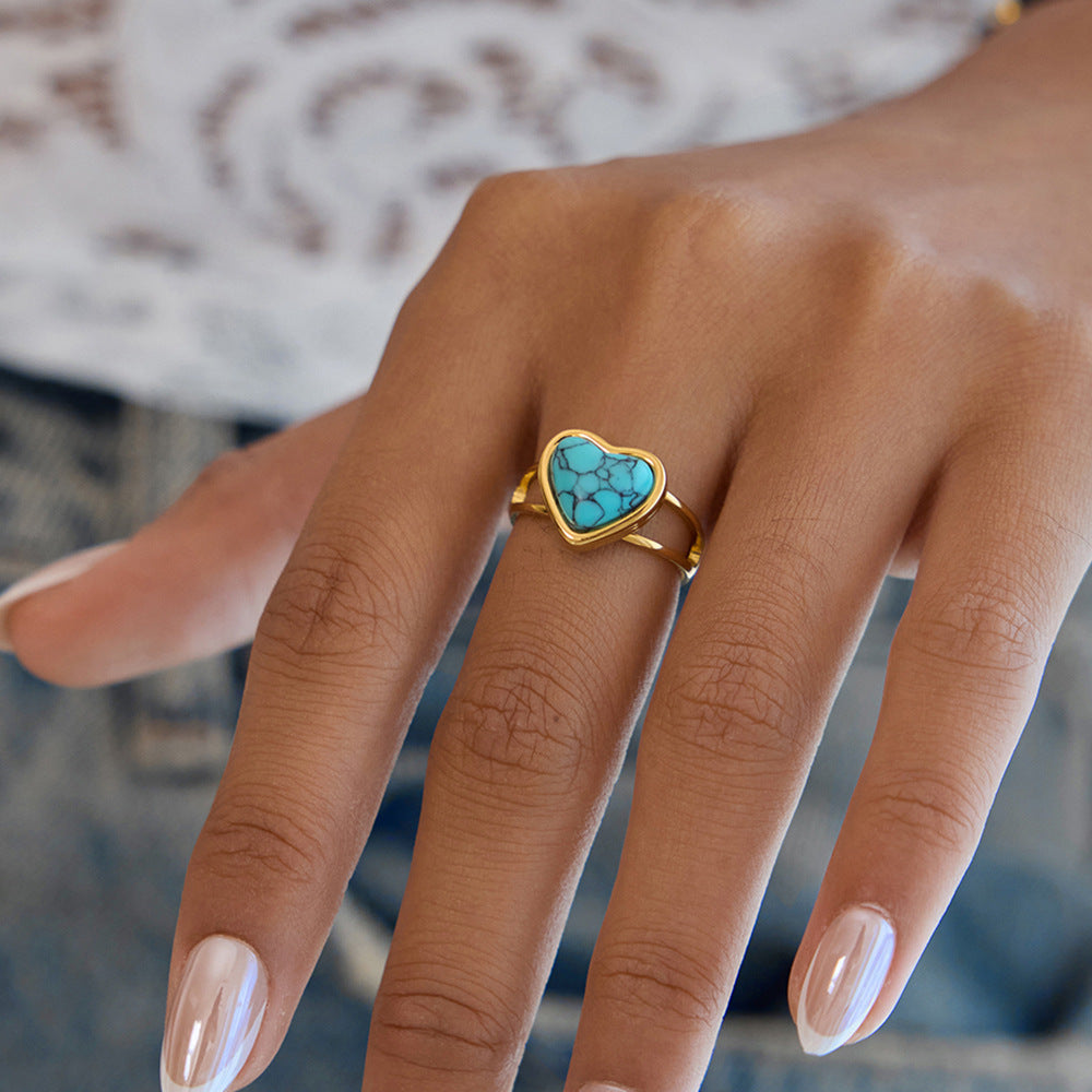 Damen Offener Ring mit herzförmigem Türkisstein aus hypoallergenem Edelstahl Shop Nory
