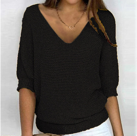 Damen nan lässiger Strickpullover mit V-Ausschnitt und Fledermausärmeln Shop Nory