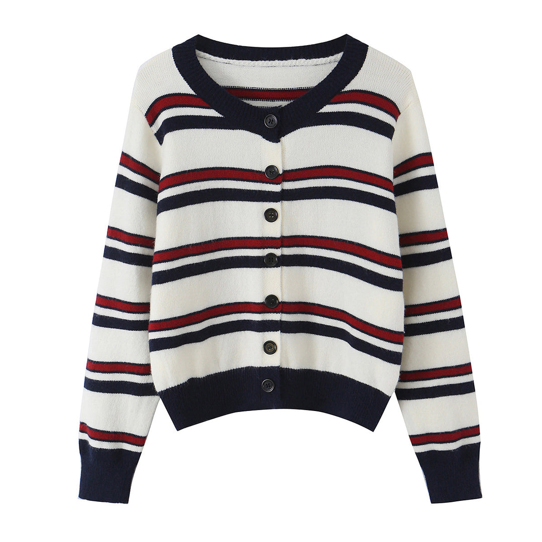 Damen Gestreifte Strickjacke mit Knopfleiste und geripptem Saum Shop Nory