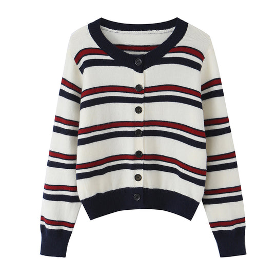 Damen Gestreifte Strickjacke mit Knopfleiste und geripptem Saum Shop Nory