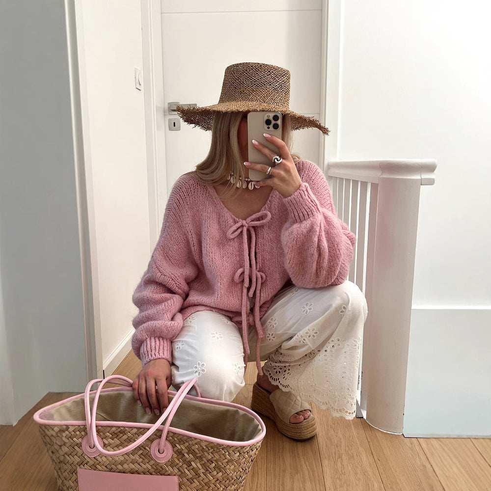 Damen Grobgestrickter Offener Cardigan mit Bindebändern, Oversize‑Silhouette und Raglanärmeln Shop Nory