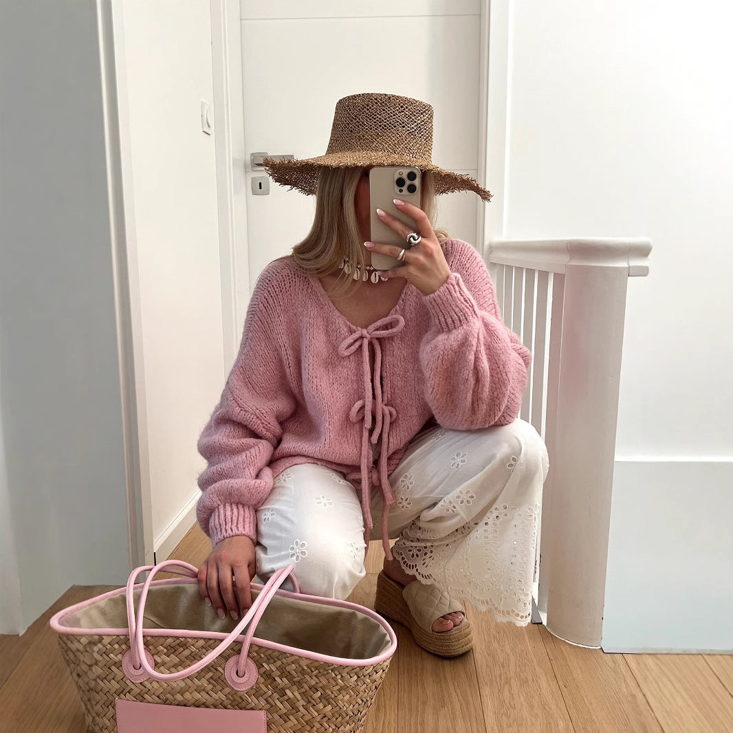 Damen Grobgestrickter Offener Cardigan mit Bindebändern, Oversize‑Silhouette und Raglanärmeln Shop Nory