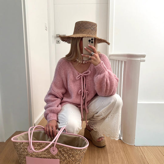 Damen Grobgestrickter Offener Cardigan mit Bindebändern, Oversize‑Silhouette und Raglanärmeln Shop Nory