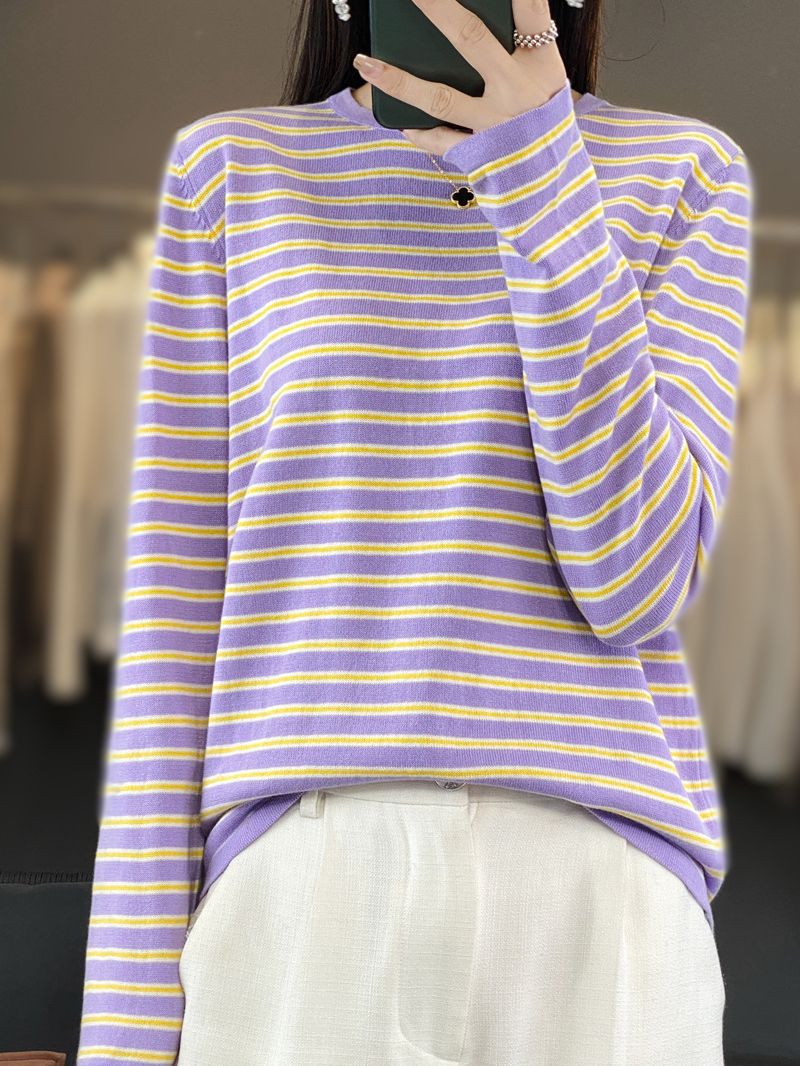 Damen Leichter Baumwollmix-Streifenpullover mit Rundhals, Raglanärmeln und lässiger Silhouette Shop Nory