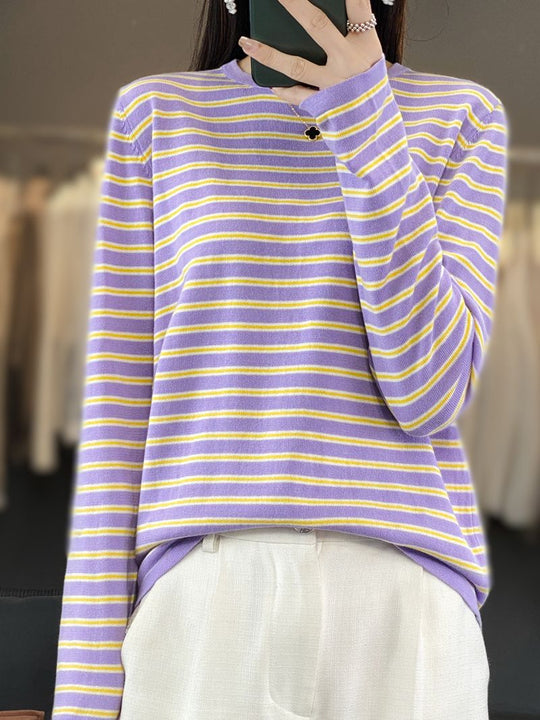 Damen Leichter Baumwollmix-Streifenpullover mit Rundhals, Raglanärmeln und lässiger Silhouette Shop Nory