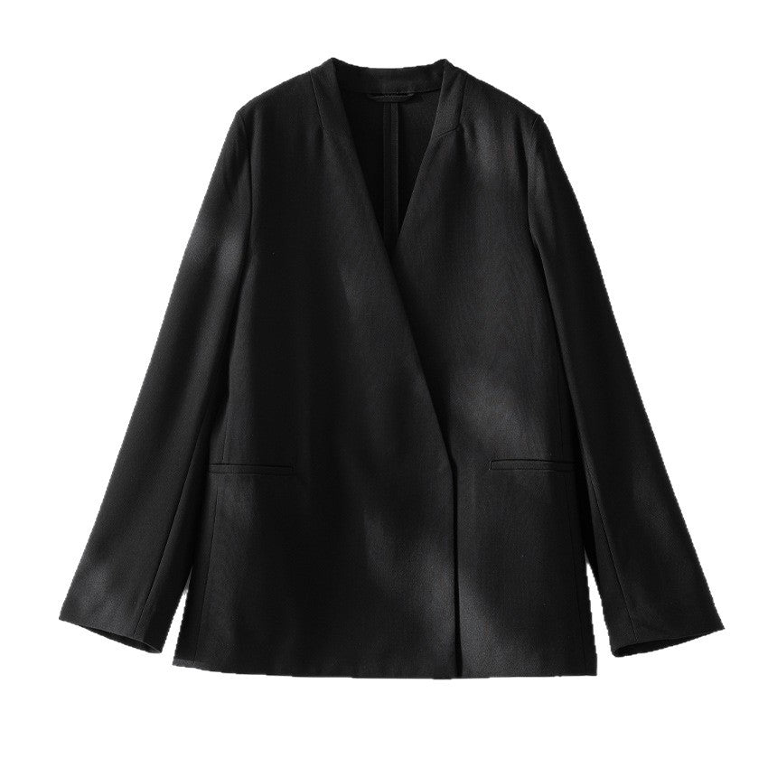 Damen kragenloser Longline-Blazer mit offenem V-Ausschnitt und Eingrifftaschen Shop Nory