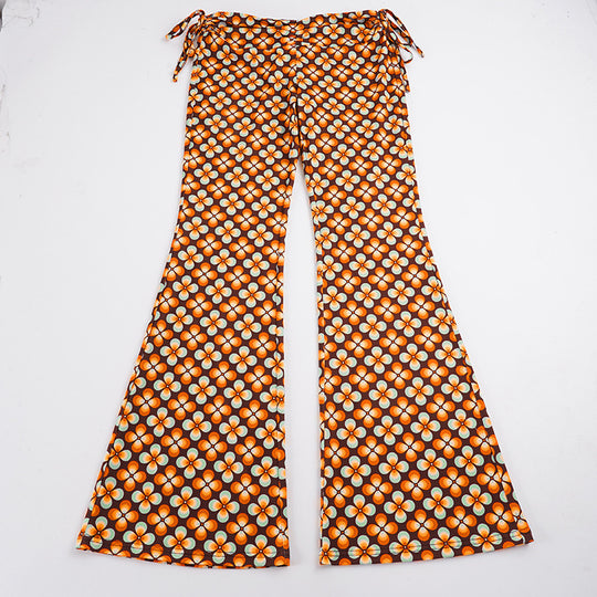 Damen nan ausgestellte Schlaghose mit hoher Taille, seitlichen Kordelzügen und retro Blumenprint Shop Nory