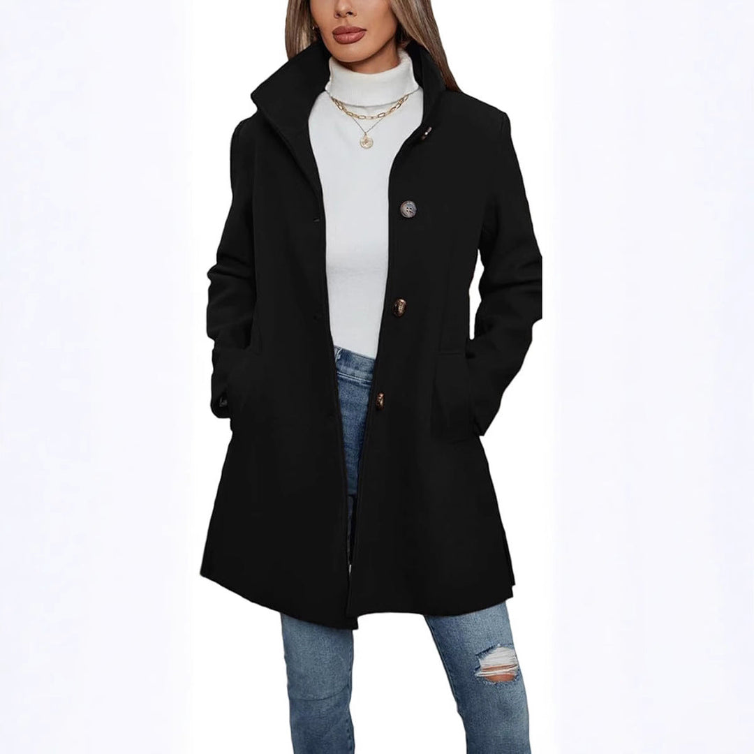 Damen Eleganter Wollmantel mit Hochgeschlossenem Kragen und Praktischen Taschen