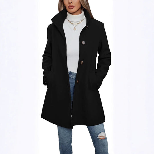 Damen Eleganter Wollmantel mit Hochgeschlossenem Kragen und Praktischen Taschen