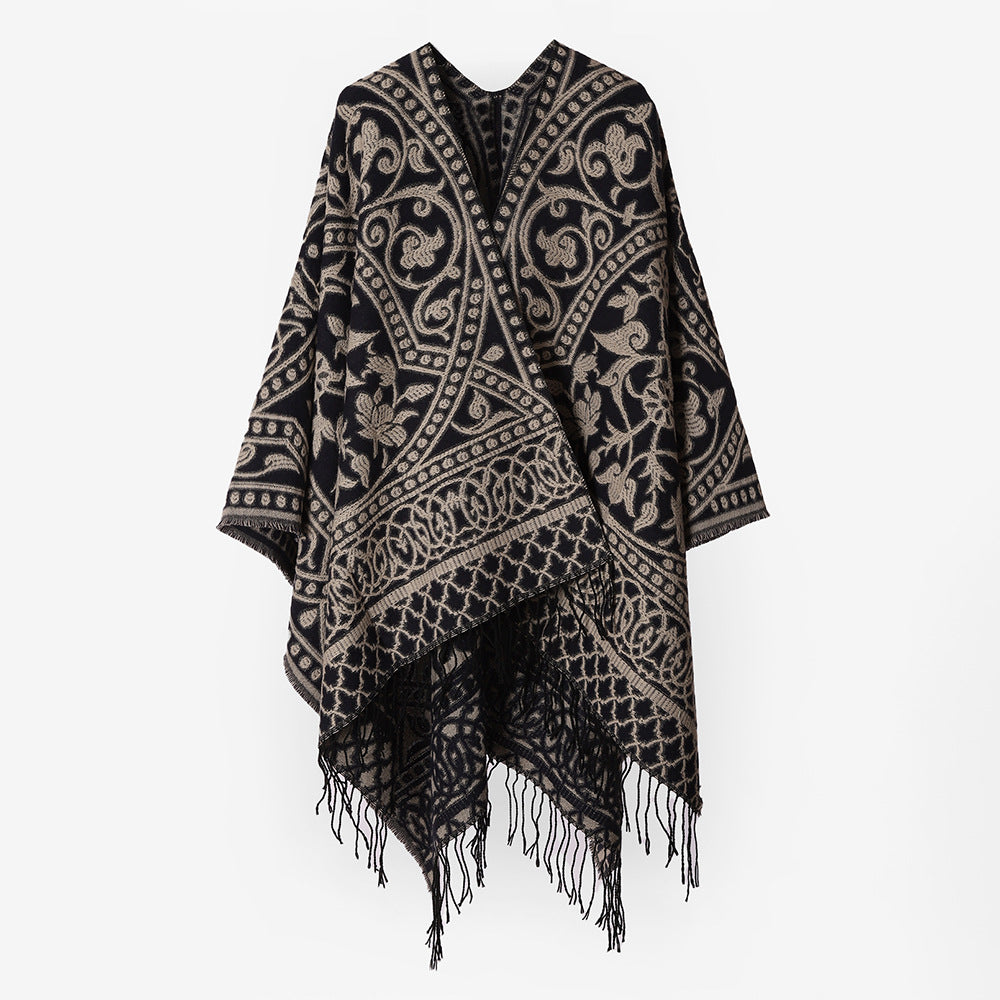 Damen Grobgewebter Rechteck‑Poncho mit orientalischem Medaillon‑Jacquard und dekorativem Fransensaum Shop Nory