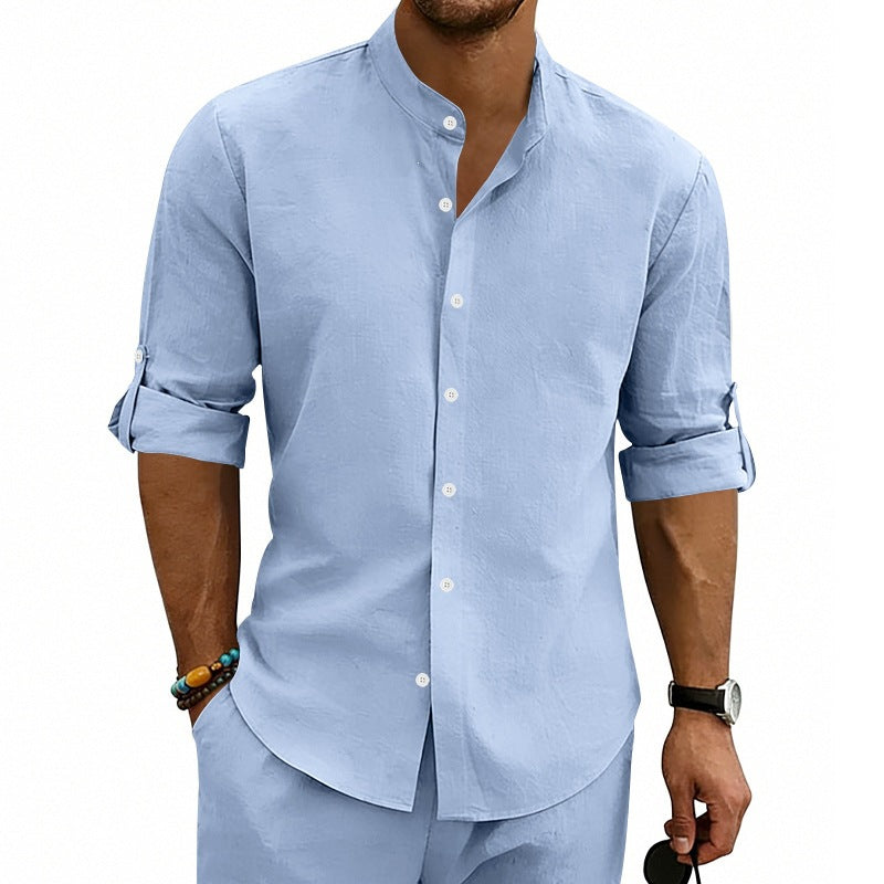 Herren Modernes Leinenmix-Hemd mit Stehkragen, aufrollbaren Ärmeln und schmaler Knopfleiste Shop Nory