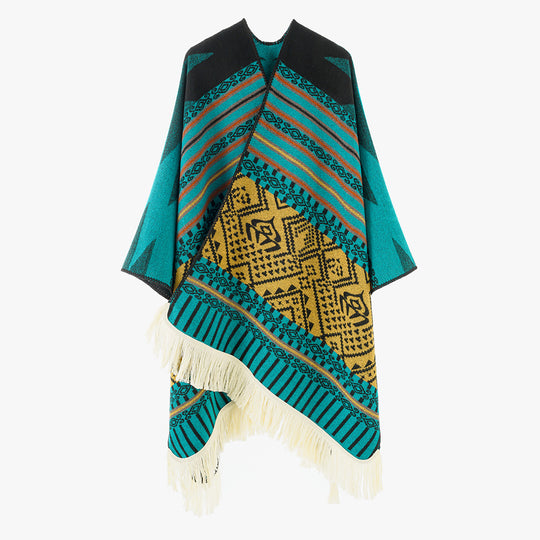 Damen Gewebter Jacquard-Poncho mit V-Ausschnitt, Ethno‑Print und Fransen Shop Nory