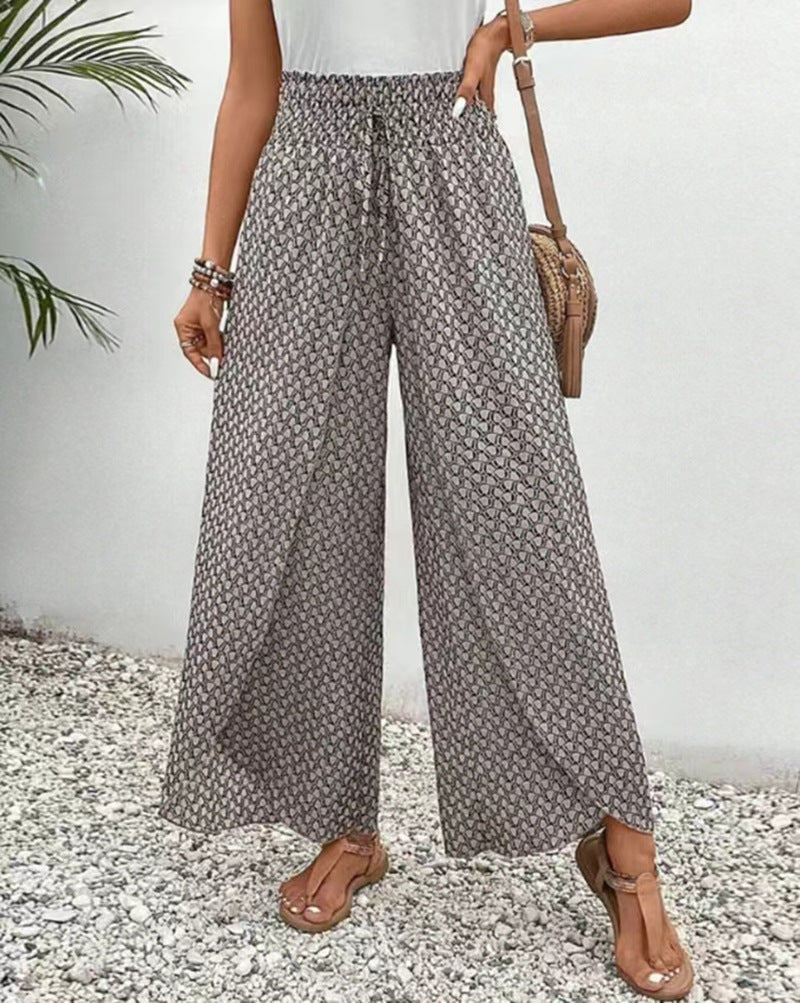Damen nan weite Sommer-Palazzohose mit gerafftem Komfortbund, fließender Beinweite und geometrischem Allovermuster