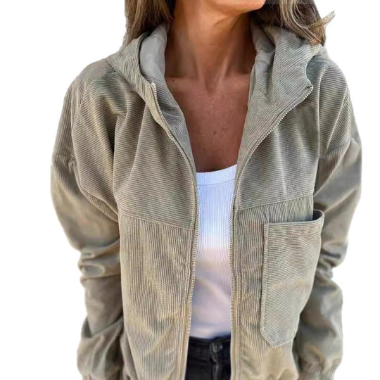 Damen nan Feincord-Übergangsjacke mit Kapuze, Reißverschluss, elastischen Bündchen und seitlichen Eingrifftaschen Shop Nory