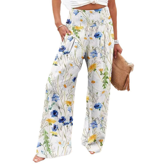 Damen Weit geschnittene Strandhose mit floralem Motiven und elastischem Bund