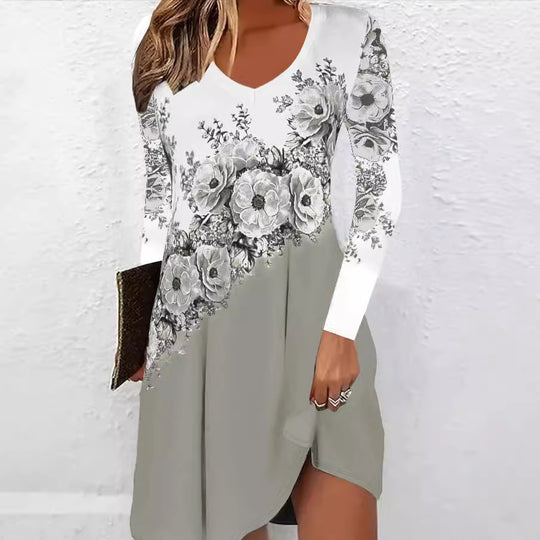 Damen Figurumspielendes V-Ausschnitt Minikleid mit floraler Druckbordüre und Langarm Shop Nory