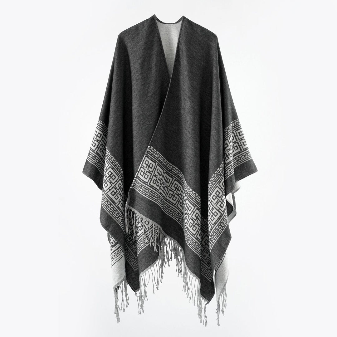 Damen Reversibler Wollmix‑Überwurf im Kimono‑Fall mit ornamentaler Bordüre und Zierfransen Shop Nory