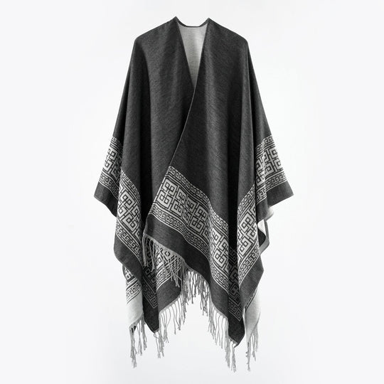 Damen Reversibler Wollmix‑Überwurf im Kimono‑Fall mit ornamentaler Bordüre und Zierfransen Shop Nory