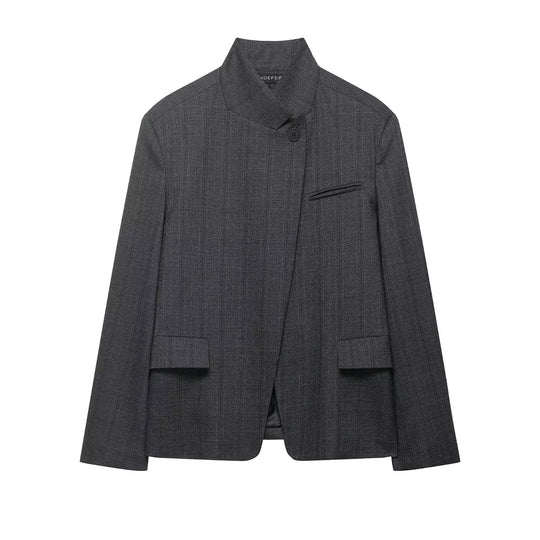 Damen Moderner schlanker Blazer mit asymmetrischer Knopfleiste und Stehkragen Shop Nory