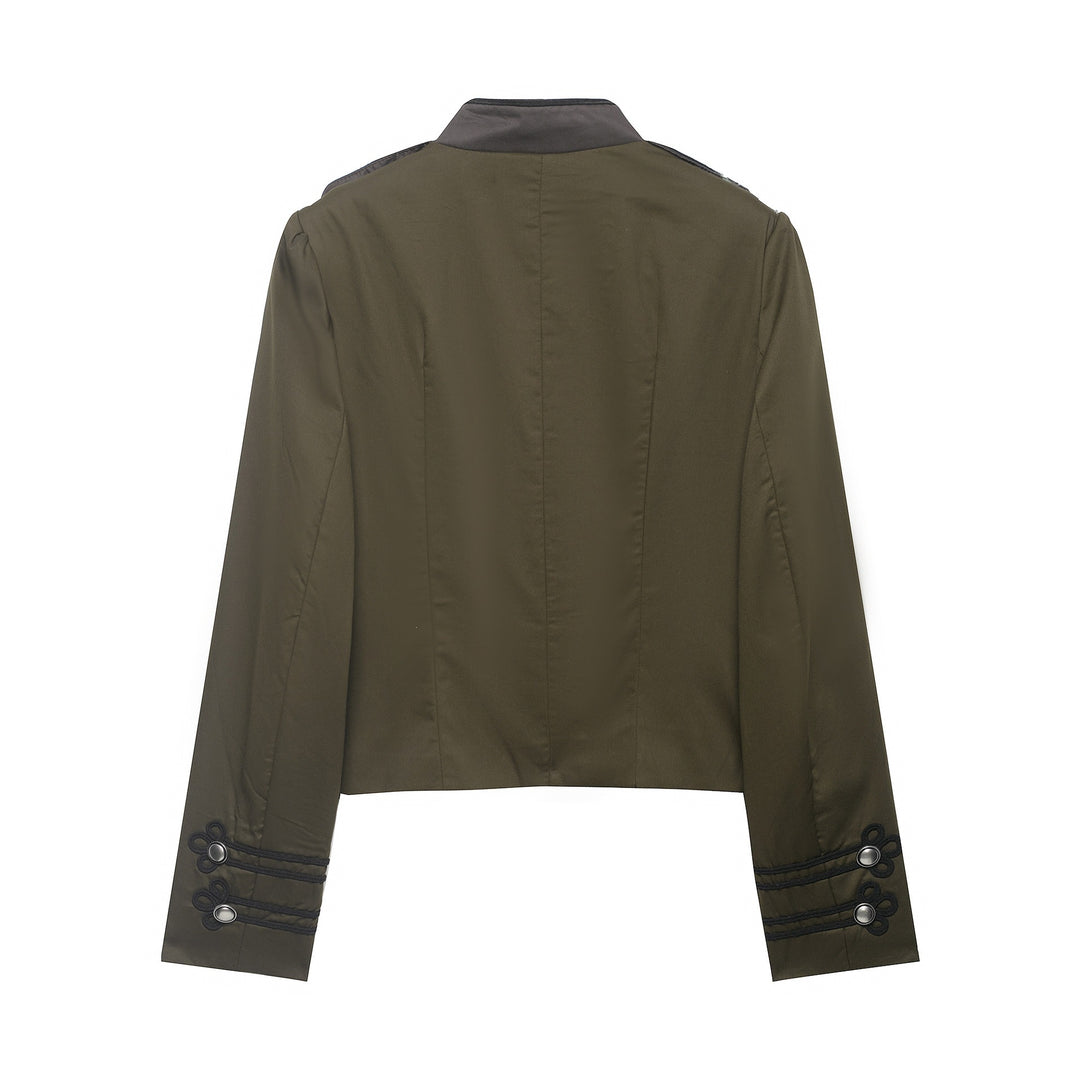 Damen Kurzjacke im Militärstil mit Stehkragen, Zierfrosch und Epauletten Shop Nory