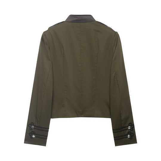 Damen Kurzjacke im Militärstil mit Stehkragen, Zierfrosch und Epauletten Shop Nory