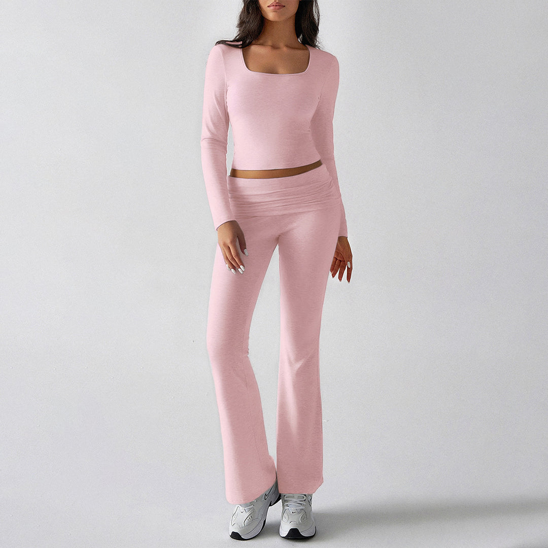 Damen nan figurbetontes Cropped-Set mit langärmeligem Top mit quadratischem Ausschnitt und ausgestellter High‑Waist Yoga-Hose Shop Nory