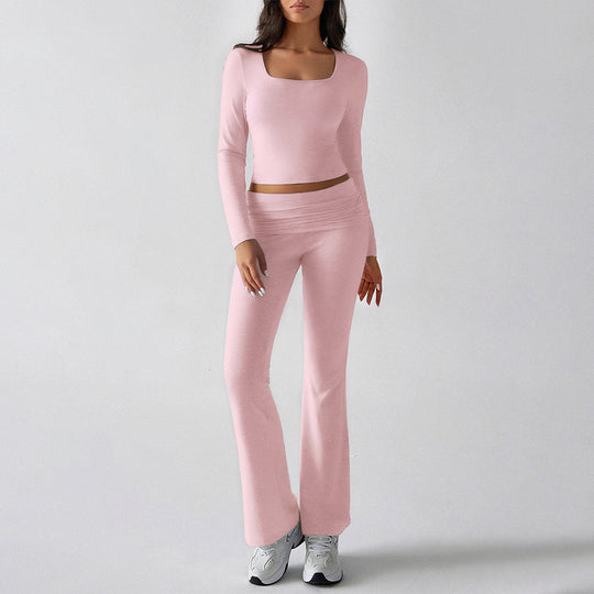 Damen nan figurbetontes Cropped-Set mit langärmeligem Top mit quadratischem Ausschnitt und ausgestellter High‑Waist Yoga-Hose Shop Nory