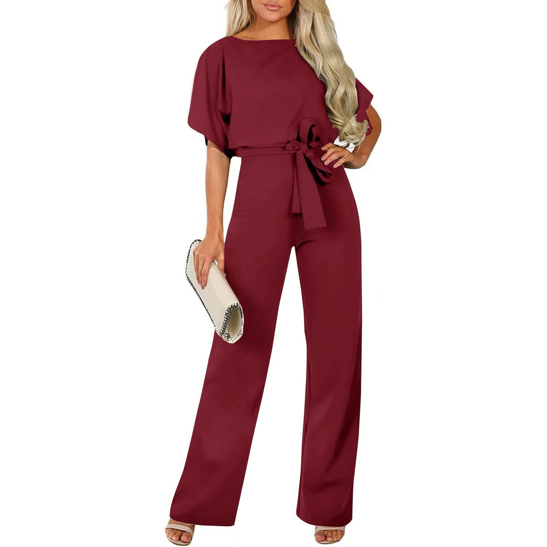 Damen langer Jumpsuit mit innovativem Bindegürtel und angeschnittenen Ärmeln
