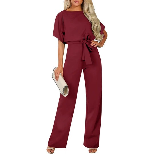 Damen langer Jumpsuit mit innovativem Bindegürtel und angeschnittenen Ärmeln