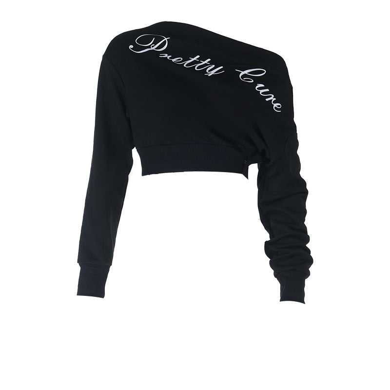 Damen kurzes Off-Shoulder-Sweatshirt mit asymmetrischem Ausschnitt und gerafftem Ärmel Shop Nory