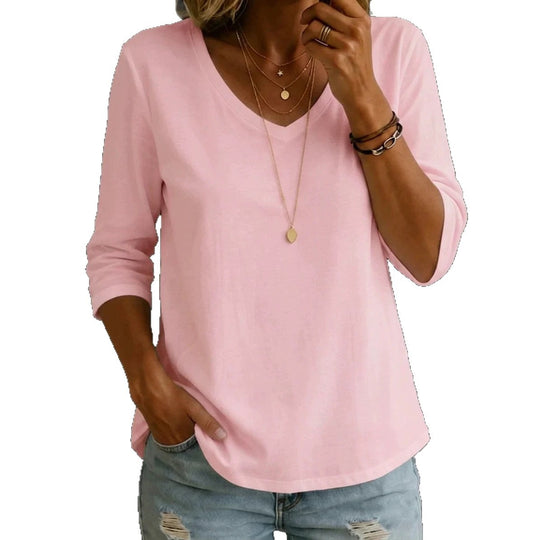 Damen Lockeres V-Ausschnitt-Shirt mit 3/4-Ärmeln und gerundetem Saum Shop Nory