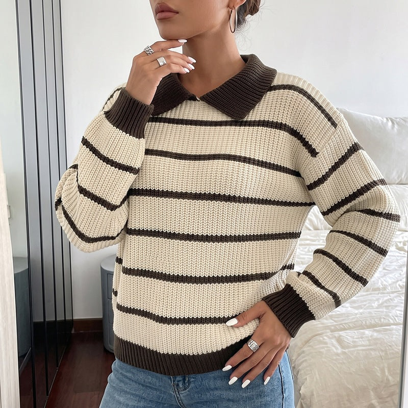 Damen Modischer Strickpullover mit Kragen und Blockstreifen Shop Nory