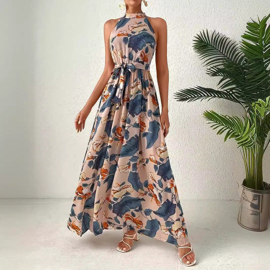 Damen Maxikleid Im Boho-Stil mit Hohem Kragen und Bindegürtel
