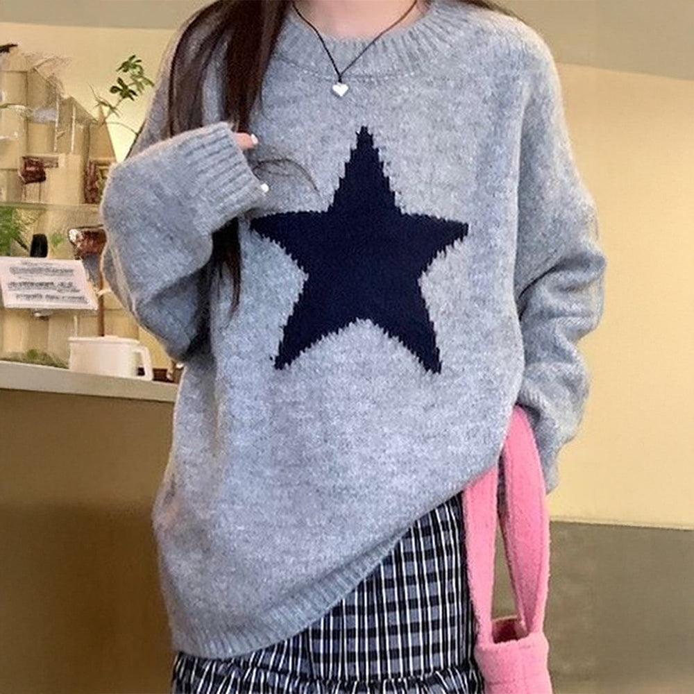 Damen nan oversized Strickpullover mit markantem Sternmotiv, Rundhalsausschnitt und gerippten Bündchen Shop Nory
