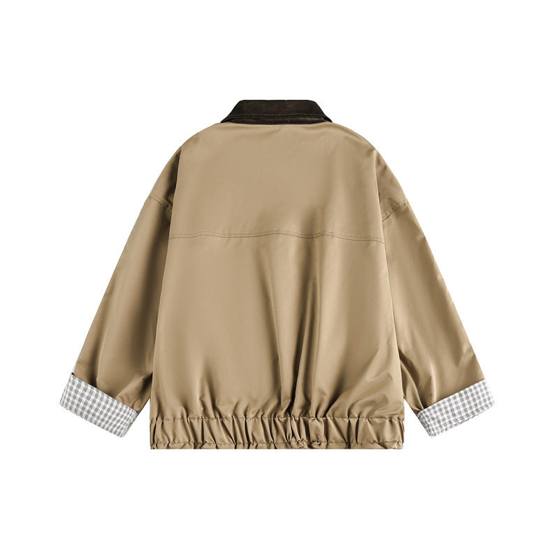Unisex Kurz geschnittene Boxy‑Blousonjacke mit Cordkragen und kariertem Ärmelumschlag Shop Nory