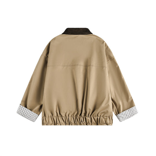 Unisex Kurz geschnittene Boxy‑Blousonjacke mit Cordkragen und kariertem Ärmelumschlag Shop Nory