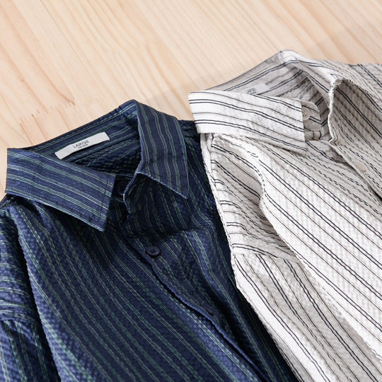 Herren Leichtes gestreiftes Baumwoll‑Leinen Layering‑Overshirt mit Kentkragen, Brusttasche und Crinkle‑Struktur Shop Nory