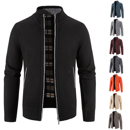 Herren Strickjacke mit durchgehendem Reißverschluss, Stehkragen und kariertem Futter Shop Nory
